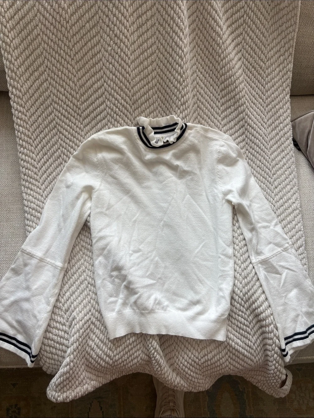 BB Dakota White Ruffle Mock Neck Sweater with Black Trim